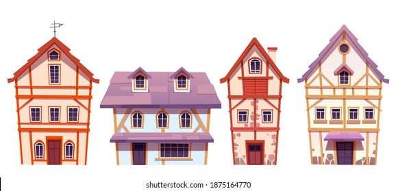 Old half-timbered houses in german village. Traditional medieval european buildings. Vector cartoon set of fachwork cottages with facade from stone and timber isolated on white background