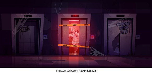 Old Hall With Broken Elevator And Ghost At Night