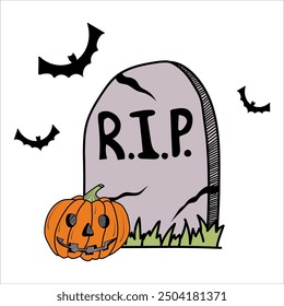 An old Halloween grave with a pumpkin and doodle-style bats on a white background in vector. For prints, stickers, design of flyers, covers, postcards