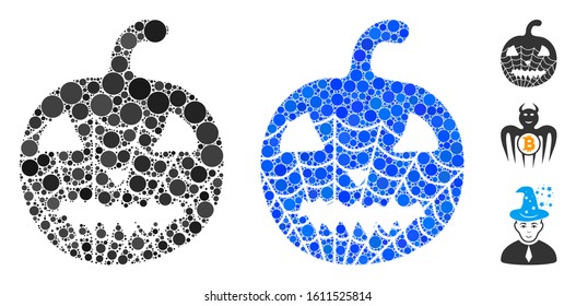 Old halloween pumpkin composition of small circles in various sizes and color hues, based on old halloween pumpkin icon. Vector small circles are composed into blue composition.