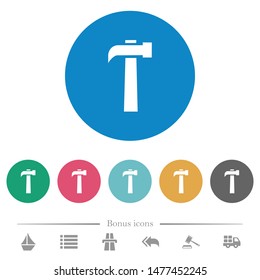 Old hammer flat white icons on round color backgrounds. 6 bonus icons included.