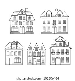 Old hand drawing houses isolated. Vector illustration.