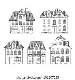 Old hand drawing houses isolated. Vector illustration.