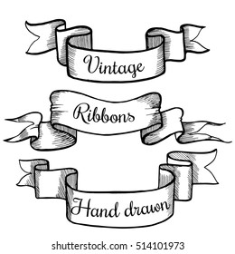 Old hand drawn banner to scrapbook or design in vector.Collection of vintage ribbons isolated on white background and place for text. Sketch decorative element.
