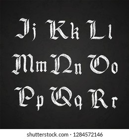 Old hand drawn gothic letters drawing with white chalk, J-R symbols on chalkboard