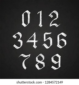 Old Hand Drawn Gothic Numbers Drawing With White Chalk On Black