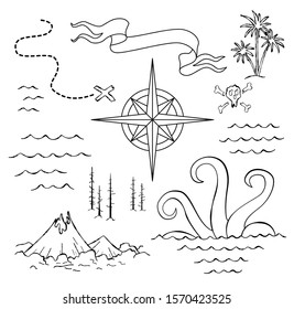 Old hand drawn map with vintage, wind rose, routs, nautical symbols and handwritten inscri ptions. Vector abstract seamless background on the theme of travel, adventure and discovery