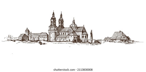 Old hand drawn monastery in Europe