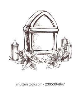 Piedra de piedra tallada a mano, con velas y lirios... Descanse en la ilustración del vector de la paz para el servicio funerario, tarjeta o última carta de despedida. Esbozo de tumba o cementerio, lugar de descanso