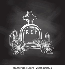 Old hand drawn murble stone tombstone with candles and lilies. Rest in peace vector drawing illustration for funeral service, card or last farewell card. Sketch of grave or cemetery, resting place