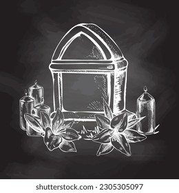 Old hand drawn murble stone tombstone with candles and lilies. Rest in peace vector drawing illustration for funeral service, card or last farewell card. Sketch of grave or cemetery, resting place