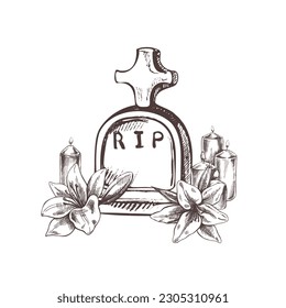 Old hand drawn murble stone tombstone with candles and lilies.. Rest in peace vector drawing illustration for funeral service, card or last farewell card. Sketch of grave or cemetery, resting place