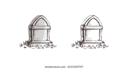 Antigua lápida de piedra de mármol dibujada a mano. Descanse en la ilustración del dibujo del Vector de la paz para el servicio funerario, la tarjeta o la última tarjeta de la despedida. Bosquejo de tumba o cementerio, lugar de descanso