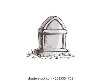 Antigua lápida de piedra de mármol dibujada a mano. Descanse en la ilustración del dibujo del Vector de la paz para el servicio funerario, la tarjeta o la última tarjeta de la despedida. Bosquejo de tumba o cementerio, lugar de descanso