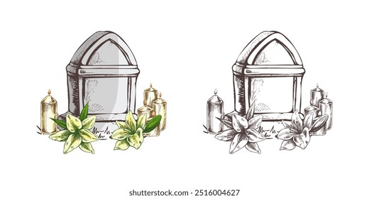 Antigua lápida de piedra de mármol dibujada a mano con velas y lirios. Descanse en la ilustración del dibujo del Vector de la paz para el servicio funerario, la tarjeta o la última tarjeta de la despedida. Bosquejo de tumba o cementerio, lugar de descanso