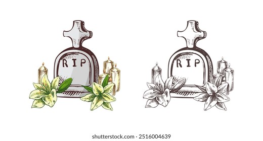 Mão velha desenhada lápide pedra murble com velas e lírios. Descanse na ilustração do desenho do vetor da paz para o serviço fúnebre, o cartão ou o cartão da última despedida. Esboço de sepultura ou cemitério, local de descanso