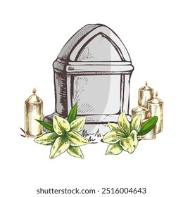 Antigua lápida de piedra de mármol dibujada a mano con velas y lirios. Descanse en la ilustración del dibujo del Vector de la paz para el servicio funerario, la tarjeta o la última tarjeta de la despedida. Bosquejo de tumba o cementerio, lugar de descanso