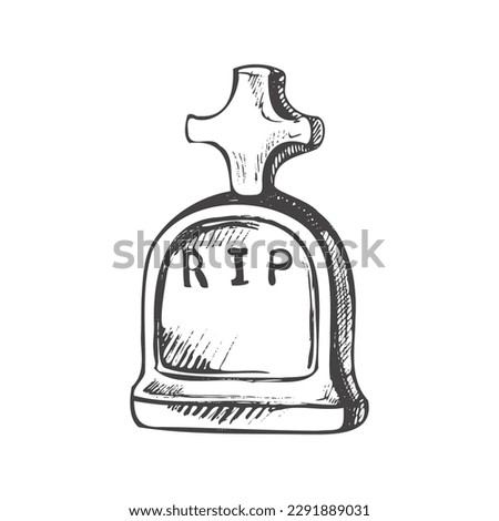Old hand drawn murble stone tombstone with christian cross and title R.I.P. Rest in peace vector drawing illustration for funeral service, card or last farewell card. Sketch of  grave or cemetery