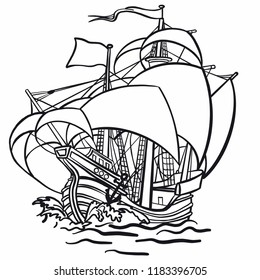 old hand drawn pirate sailing ship in rough sea with cocked sails. Vector graphics, outlines, coloring page, tattoo template.