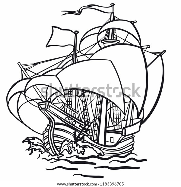 Old Hand Drawn Pirate Sailing Ship Stock Vector (Royalty Free) 1183396705