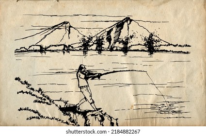 Dibujo a mano vectorial ilustración de la naturaleza pescador en vista principal. Fabricado con lápiz de dibujo de 0,5 mm. Uso para viajes y fondo de naturaleza, libro infantil, portada y tarjeta del libro de dibujo