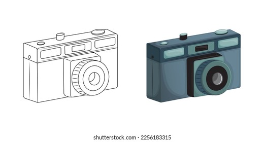 Old hand held photo camera. Coloring page for children. Contour icon. Kids coloring book for elementary school. Black and white illustration. Vector icon.