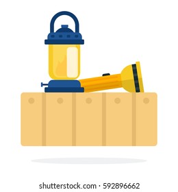 Old hand lamp and flashlight on a box vector flat material design isolated on white