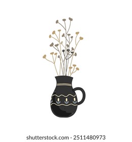 Old handmade clay pot with dried herbs. Vector isolated illustration. Minimal modern interior decoration design element