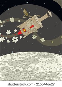 Old handmade iron stove rocket flying and terribly smoking in orbit around the Moon, vector cartoon illustration isolated on a white background