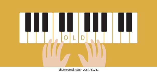 Alte Hände auf Klavierschlüssel, alte Hobby. Flache Vektorgrafik. Klaviermusik. Die Hände eines älteren Musikers. Draufsicht der Arme. Konzept der Musikklasse Einzelbild
