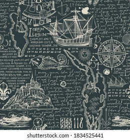 Old Handwritten text lorem ipsum and hand-drawn islands, sailboats, wind rose in vintage style on a black background. Vector abstract seamless pattern on the theme of travel, adventure and discovery