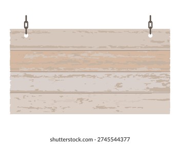 An old hanging sign on a chain with a weathered wood texture.  A hanging empty pointer with an area for text placement. Rustic beige wooden signboard for cafes, pubs, shops, and farmhouses. Vector illustrated clipart. Hand draw no ai.