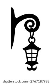 Old hanging wall lantern icon. Black silhouette. Front and side view. Vector simple flat graphic illustration. Isolated object on a white background.