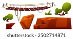 Old hanging wooden rope bridge and cliff edges for landscape creation. Cartoon vector illustration set of rock mountain danger extreme sides, hazard wood board footbridge, green trees and bushes.