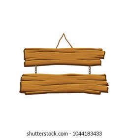 Old hanging wooden signboard. Brown textured boards. Two planks connected by chains. Sign with place for your messages. Organic material. Detailed vector illustration