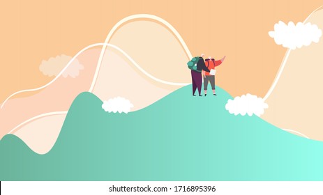 Old happy couple stand on mountain circle background, smiling, looking on map, dressed in autumn clothes and carrying a backpack on his back, vector colorful illustration. Health care in old age.