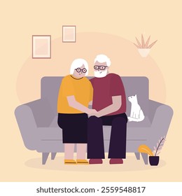 Old happy family - husband and wife on sofa at home interior. Retirement concept. Elderly caucasian people, aged love couple. Senior man and woman family hugging and sitting on sofa and rest. vector