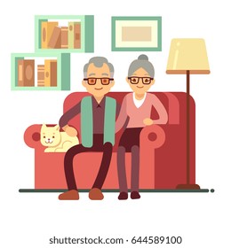Old happy family - husband and wife on sofa at home. Retirement vector concept.