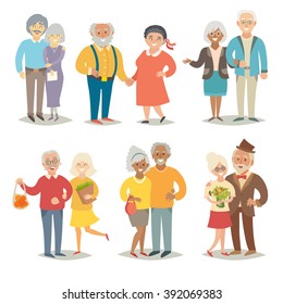 Old happy family/Asian eldery family/plus size pensioners couple/International family/ Vegan older people/African happy family/Wedding elderly people/Flat style vector illustration isolated on white