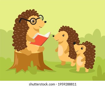 Old happy hedgehog reading book to little hedgehogs. Flat vector illustration. Cartoon hedgehog in glasses sitting on stump, telling stories to kids. Wild animal, nature, fantasy, fairytale concept