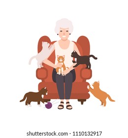 Old happy lady or grandmother sitting in comfy armchair surrounded by cats. Portrait of grandma at home. Smiling female flat cartoon character isolated on white background. Vector illustration