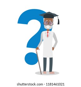Old happy scientist character in graduation cap in uniform standing in front of big question mark. Isolated flat vector illustration