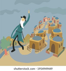 An old Hasidic man with a hat, dancing on the mountains of Jerusalem - the Jew's holy city. In the background houses, river, hill and landscape.
A special artistic vector painting in a dreamlike style