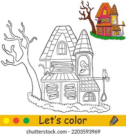 An old haunted house and dead tree  Halloween concept  Coloring book page for children and colorful template  Vector cartoon illustration  For print  preschool education   game