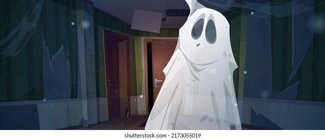 Old Haunted House Hallway At Night. Ghost In Abandoned Home With Mess And Dust. Vector Cartoon Interior With Closed Doors, Torn Wallpaper And Ceiling, Spooky Spirit