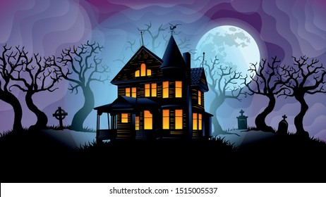 Old haunted house surrounded by silhouettes trees and the big white moon behind over purple sky and foggy background  Vector image