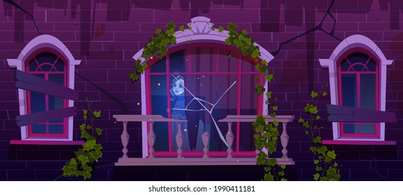 Old haunted house with woman ghost in window. Broken abandoned building with boarded up windows and ivy vines on brick wall. Vector cartoon illustration of spooky vintage house with dead girl spirit