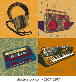 Old headphones, ghetto blaster, tape cassette and synthesizer vector graphic illustrations set