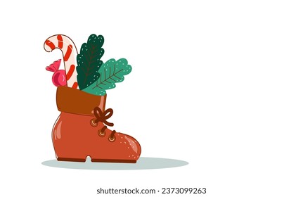 Old hiking boots filled with sweets. Saint Nicholas day banner. Sinterklaas Dutch holiday set icon. Cartoon vector illustration.