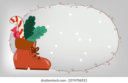 Old hiking boots filled with sweets. Saint Nicholas day banner. Sinterklaas Dutch holiday set icon. carrot, candies,  cookies, chocolate and shoe. Cartoon vector illustration.